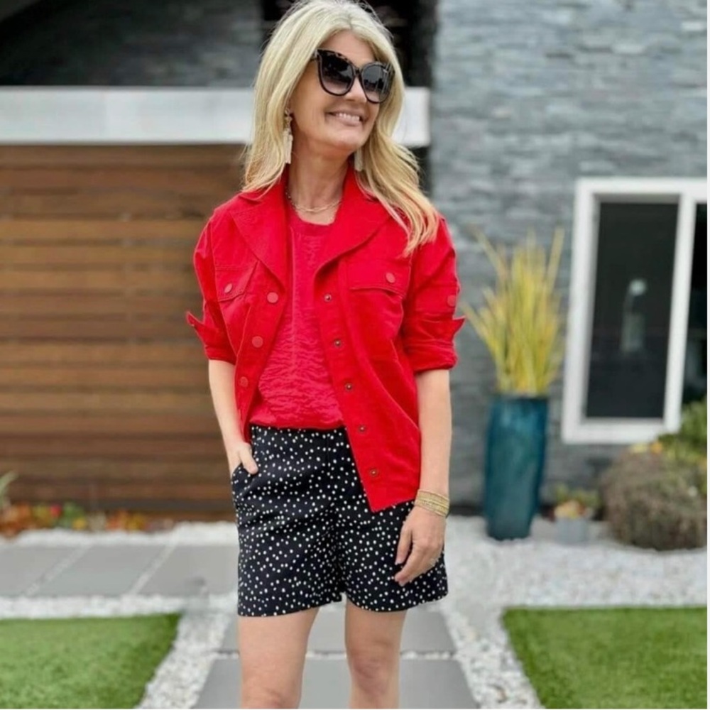 CAbi Black Polka Dot Bermuda Shorts with White Dots